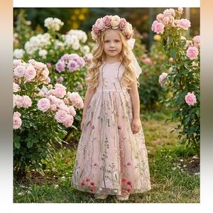 Floral Embroidered Pink Flower Girl Dress 4T